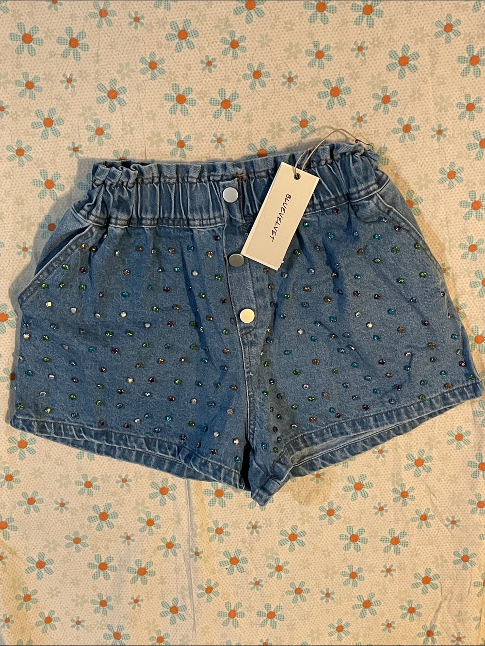BLUEVELVET Light Blue Denim Shorts with Multicolor Rhinestones